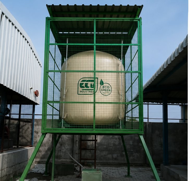 An institutional biogas plant at sunrise — RCC dome digester, fabric balloon held in a steel-frame cage, scrubbing column with copper piping, technicians in safety gear inspecting the system — by Vedh.
